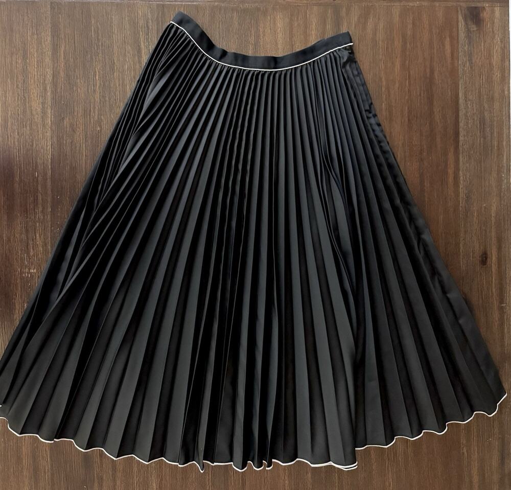 Misha Nonoo Black Pleated Midi Skirt White Piping Accordion Elegant Swing Small